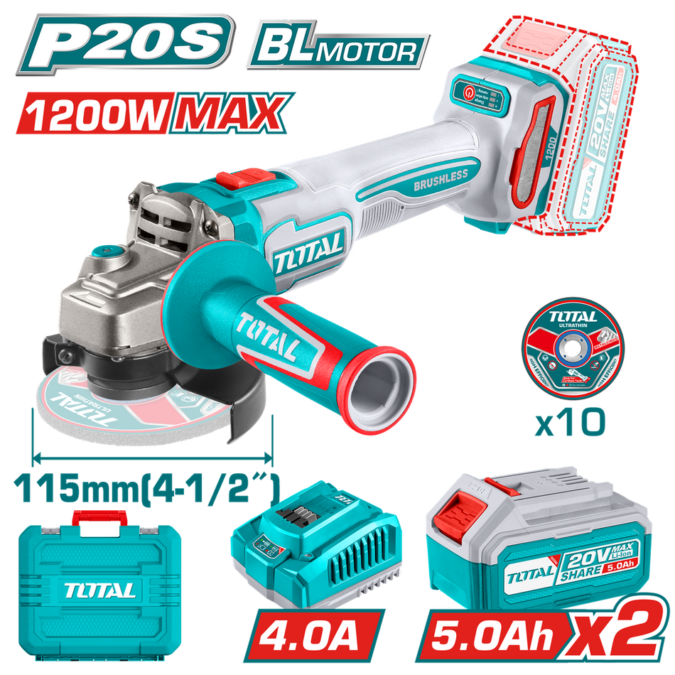 PULIDORA INALAMBRICA 4 1/2 INDUSTRIAL 20V 1200W INCLUYE 10 DISCOS PARA CORTE DE METAL 2 BATERIAS 5.0 AH Y CARGADOR , MOTOR SIN ESCOBILLAS INDUSTRIAL SUPER TOTAL