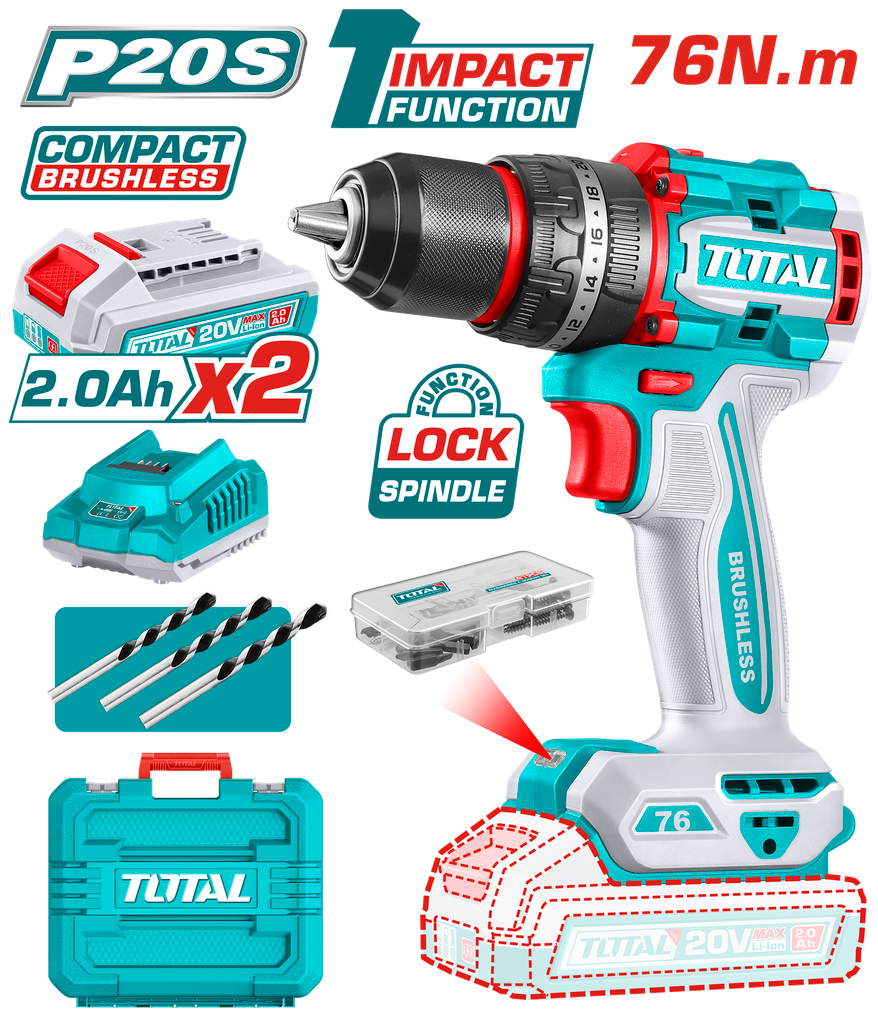 TALADRO INALAMBRICO PERCUTOR 1/2 20V 76 N.M INCLUYE 2 BATERIA DE 2.0AH, CARGADOR,47 ACCESORIOS,3 BROCAS CONCRETO INDUSTRIAL SUPER TOTAL