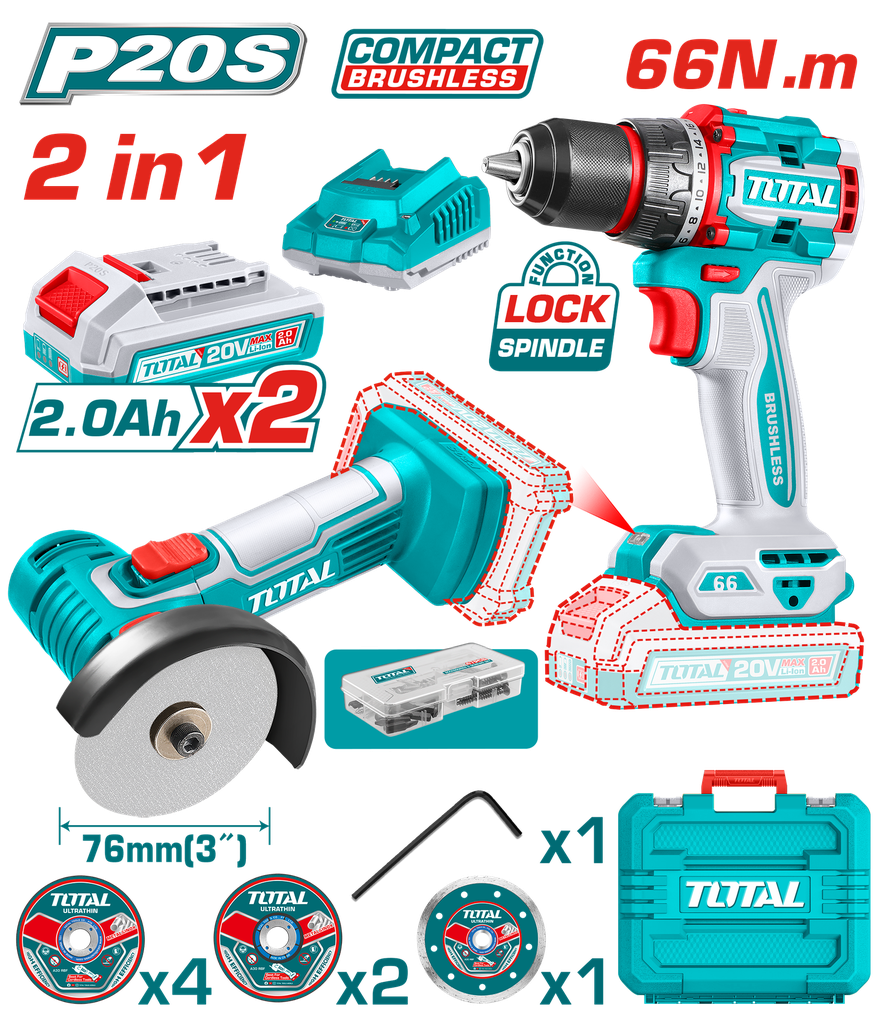 COMBO INALAMBRICO 20V X 2 PZS TALADRO 1/2 66 N.M + MINI PULIDORA 3" INCLUYE 2 BATERIAS 2.0 AH + CARGADOR + 7 DISCOS Y 47 ACCESORIOS INDUSTRIAL SUPER TOTAL
