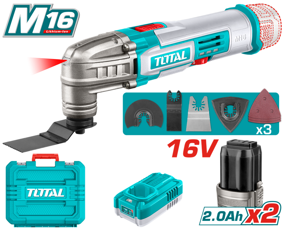 MULTIHERRAMIENTA INALAMBRICA OSCILANTE 16V + 2 BATERIAS 2.0 AH + CARGADOR Y ACCESORIOS INDUSTRIAL SUPER TOTAL