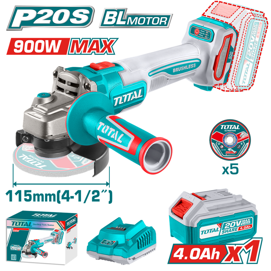 PULIDORA INALAMBRICA 4 1/2 INDUSTRIAL 20 V 900W INCLUYE BATERIA 4.0 AH, CARGADOR Y 5 DISCOS, MOTOR SIN ESCOBILLAS INDUSTRIAL SUPER TOTAL