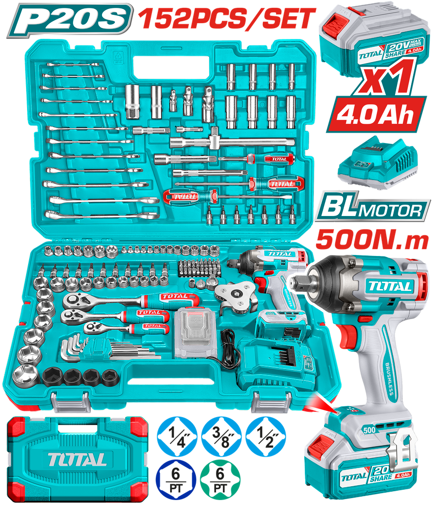 PISTOLA IMPACTO INALAMBRICA 1/2 20V 500 NM INCLUYE 1 BATERIAS 1 CARGADOR + 152 ACCESORIOS (UTHKTHP31522)