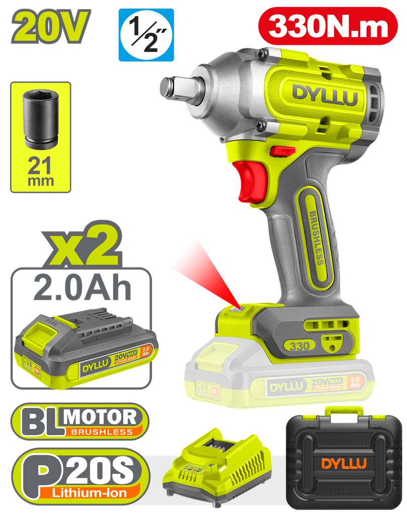 PISTOLA IMPACTO INALAMBRICA 1/2 20V 330NM INCLUYE 2 BATERIAS 2.0AH 1 CARGADOR DYLLU (UDTCD1B33)