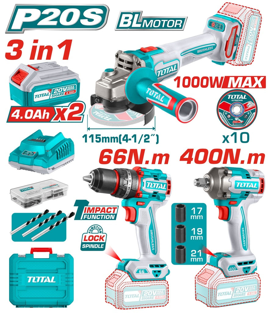 COMBO INALAMBRICO 20V TALADRO 1/2" 66 NM + PULIDORA 4 1/2" 1000W + PISTOLA IMPACTO 1/2 400 NM INCLUYE 2 BATERIA 20V(4.0AH),CARGADOR , 10 DISCOS DE CORTE Y ACCESORIOS INDUSTRIAL TOTAL