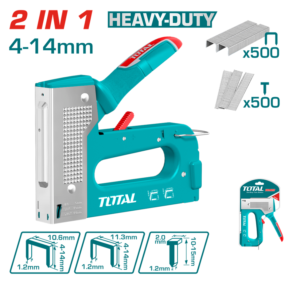 GRAPADORA 2 EN 1 (4 - 14 MM) INCLUYE 500 GRAPAS Y 500 CLAVOS INDUSTRIAL TOTAL (THT31148)