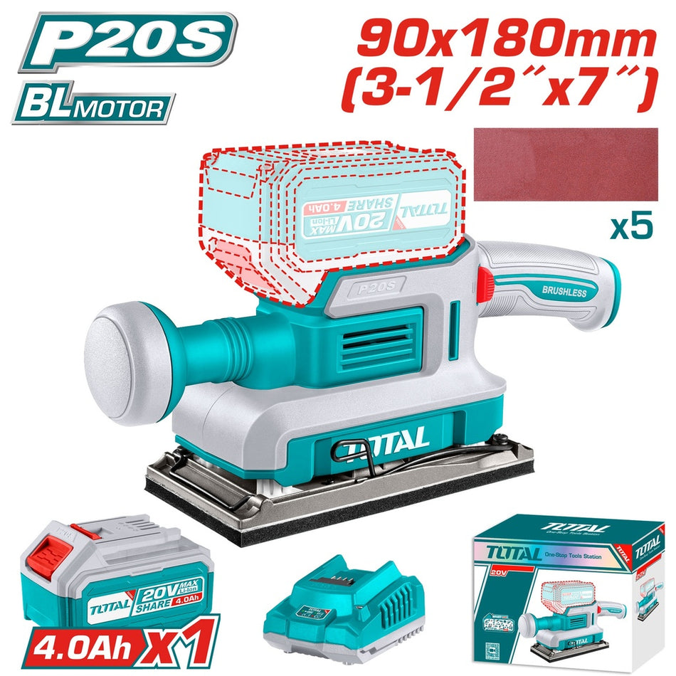 LIJADORA DE PALMA INALAMBRICA 3-1/2 X 7" 20V INCLUYE 1 BATERIA 4.0AH , CARGADOR Y 5 LIJAS INDUSTRIAL SUPER TOTAL UTFSLI20311