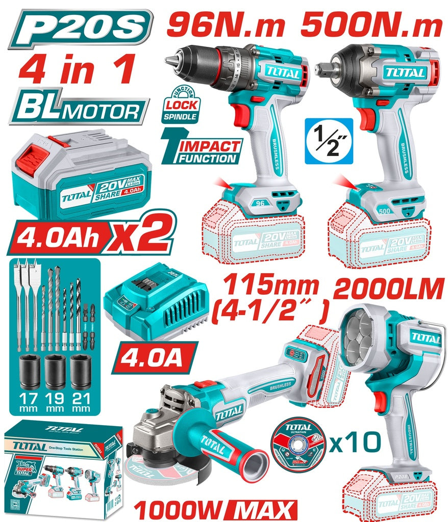 COMBO INALAMBRICO 20V TALADRO 1/2 96 NM + PISTOLA IMPACTO 1/2 500 NM + PULIDORA 4 1/2 1000W + LAMPARA DE TRABAJO 2000 LUMENES INCLUYE 2 BATERIAS 4.0AH , CARGADOR Y ACCESORRIOS INDUSTRIAL TOTAL