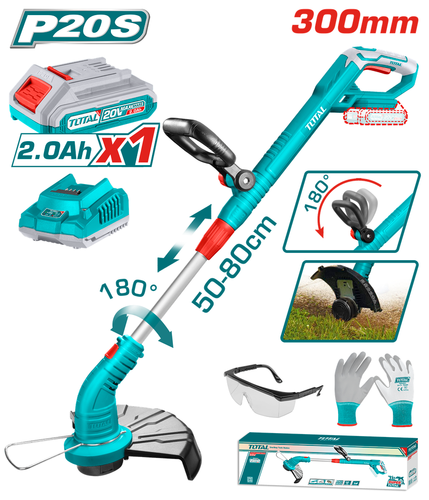 GUADAÑADORA INALAMBRICA EXPANDIBLE 20V INCLUYE 1 BATERIA 2.0AH, CARGADOR Y ACCESORIOS TOTAL