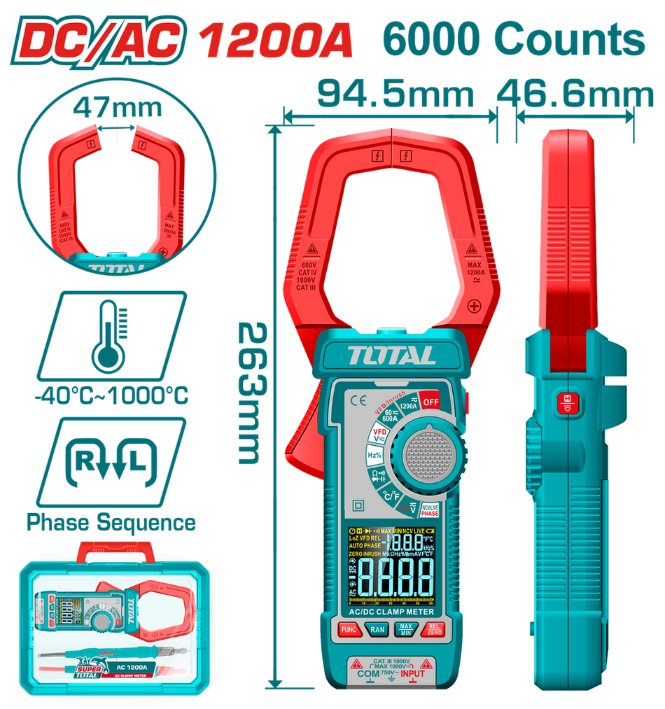 PINZA VOLTIAMPERIMETRICA DIGITAL 1200A 6000 CONTEOS RMS INDUSTRIAL TOTAL (TMT7610002)