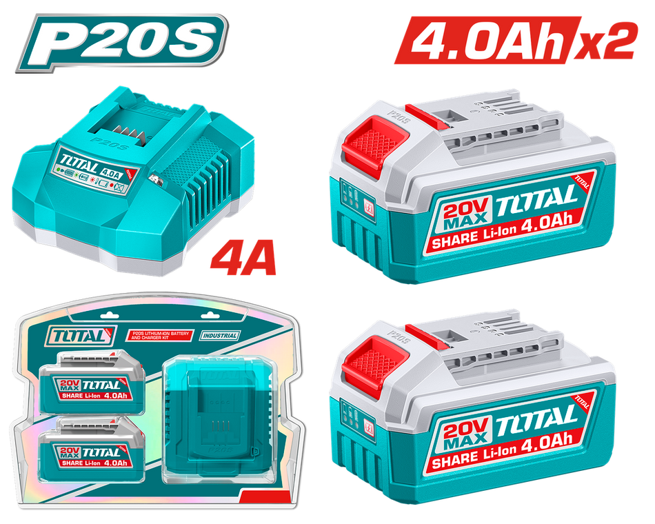 KIT DE 2 BATERIAS 4.0AH + CARGADOR DE 20V INDUSTRIAL TOTAL (UTFBCPK2013)