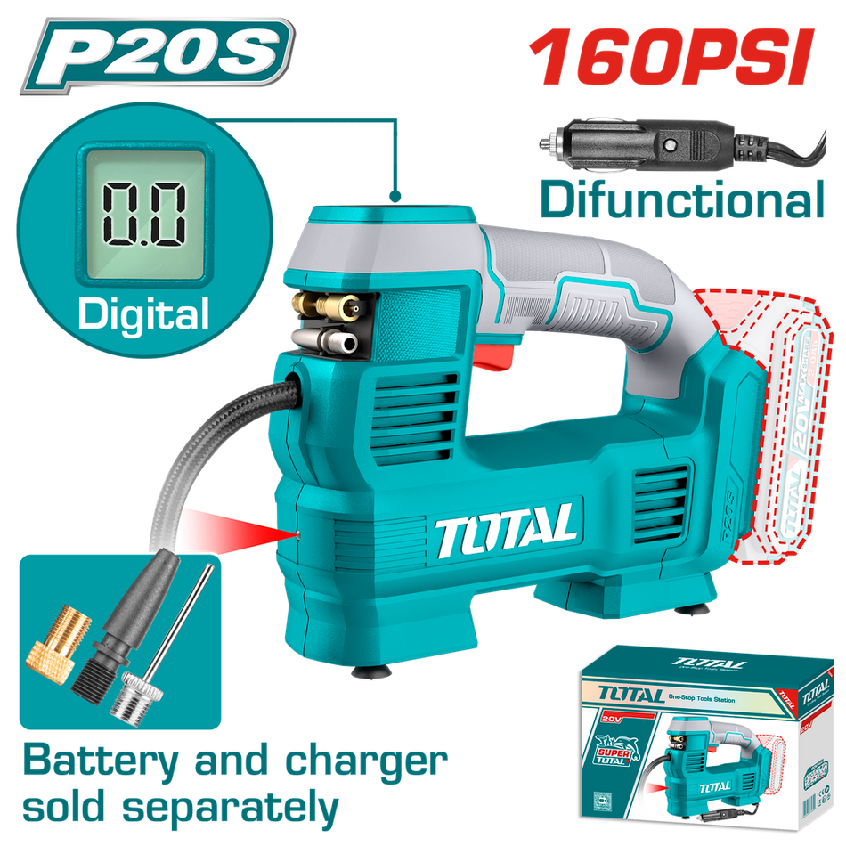 COMPRESOR MINI INALAMBRICO DIGITAL 20V 160PSI AUTOMATICO PARA CARRO BATERIA Y CARGADOR NO INCLUIDO TOTAL (TACLI2012)