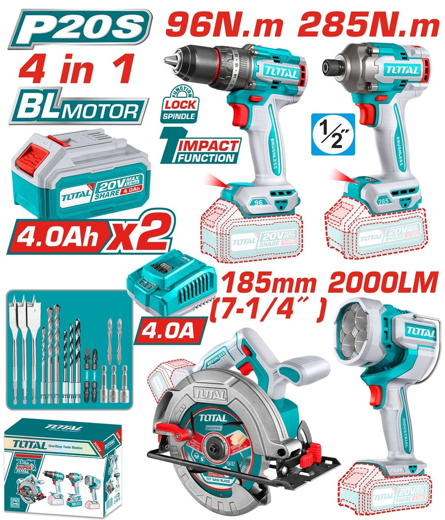 COMBO INALAMBRICO 20V TALADRO PERCUTOR 96NM + ATORNILLADOR DE IMPACTOR 1/2" 285NM + CIERRA CIRCULAR 7-1/4" + LAMPARA DE TRABAJO 2000LM + 2 BATERIAS 4.0AH + CARGADOR INCLUYE ACCESORIOS INDUSTRIAL TOTAL