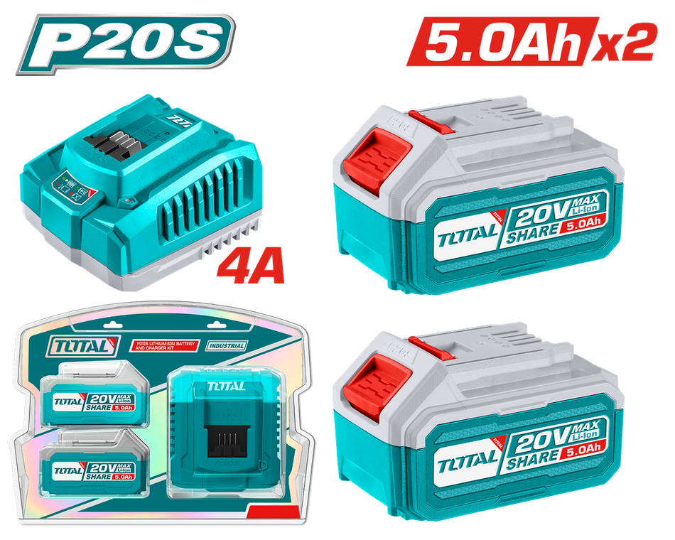 KIT DE 2 BATERIAS 5.0AH + CARGADOR DE 20V INDUSTRIAL TOTAL (UTFBCPK2513)
