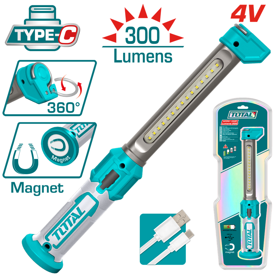 LAMPARA DE TRABAJO 300 LUMENES RECARGABLE SUPER TOTAL (TWLI043006)