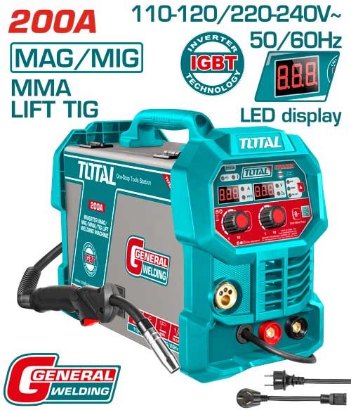 SOLDADOR INVERSOR DIGITAL 200A (MMA-MIG-MAG-LIFT TIG-) 110-220V INDUSTRIAL SUPER TOTAL (UTMGT20058)