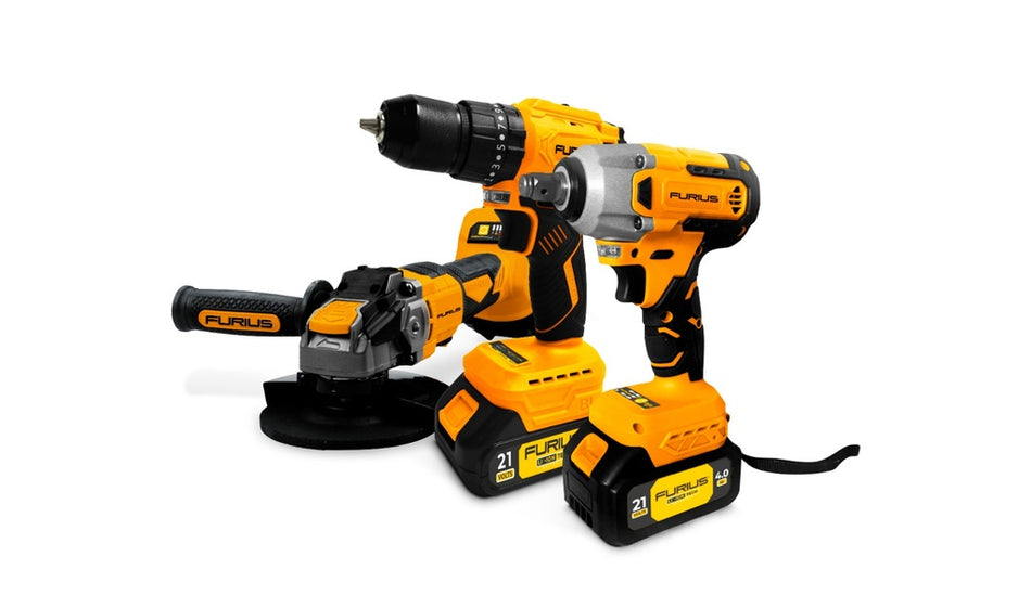 COMBO FURIUS TALADRO PERCUTOR INALAMBRICO 1/2" 21 V + PULIDORA INALAMBRICA 4 1/2" 21V +PISTOLA DE IMPACTO INALAMBRICA 1/2" 21V (FB213KIT)