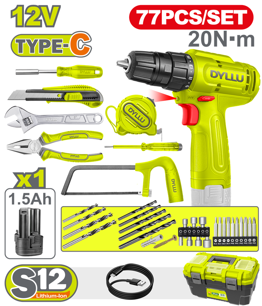 TALADRO INALAMBRICO 3/8 (10MM) 12V + KIT DE HERRAMIENTAS 77 PZS DYLLU (DTDT4B77)