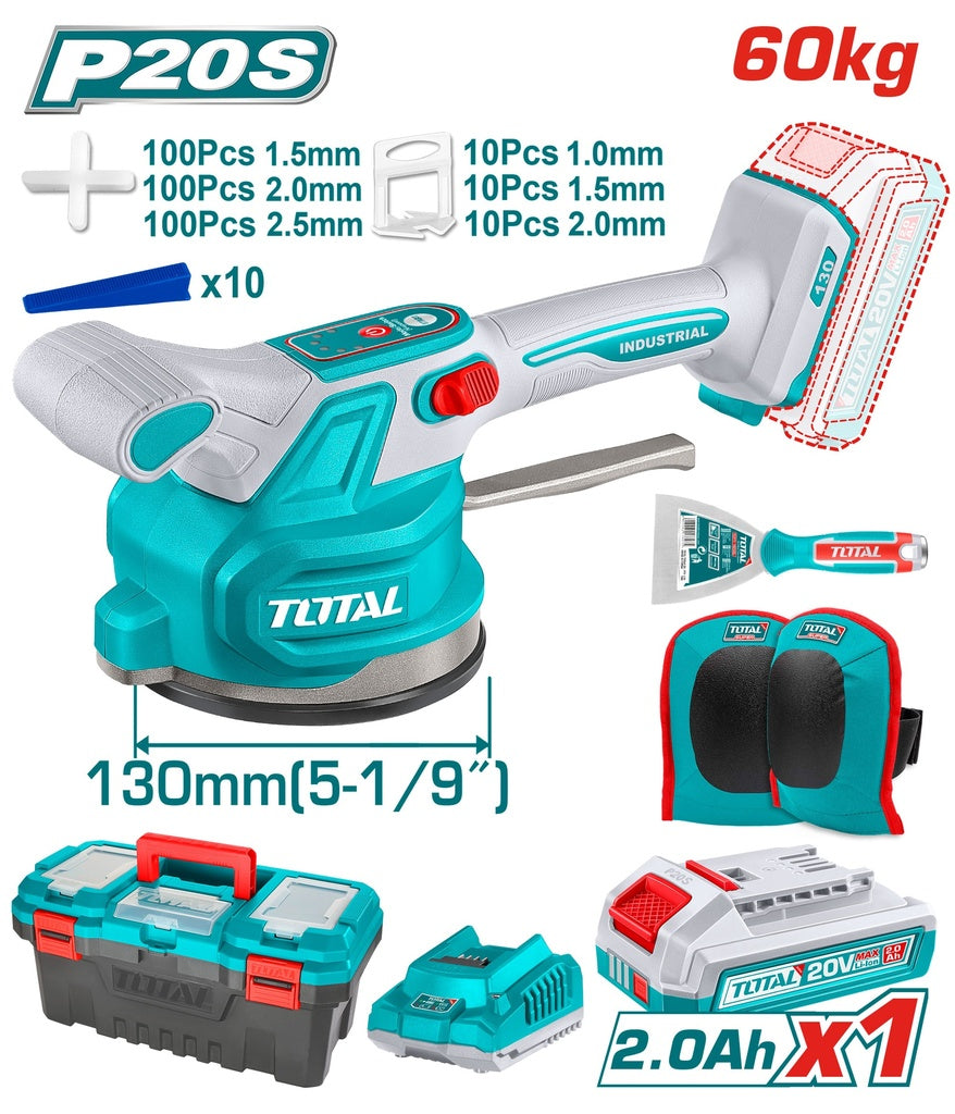 VIBRADOR DE BALDOSA INALAMBRICA 20V CON VENTOSA CAP 60KG INCLUYE 1 PAR DE RODILLERAS, ESPATULA, SEPARADORES DE BALDOSA (1.5-2.0-2.5), 1 BATERIA 2.0AH , CARGADOR Y CAJA HERRAMIENTA INDUSTRIAL TOTAL (UTTVLI20018)