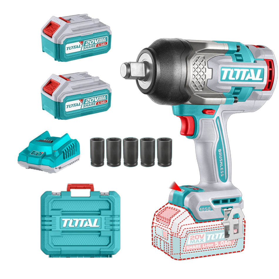 PISTOLA IMPACTO INALAMBRICA 3/4 20V 1050 NM INCLUYE 2 BATERIAS 5.0AH + CARGADOR(UTIWLI20105)