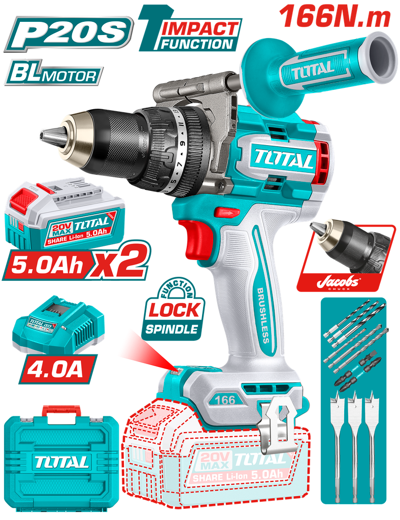 TALADRO INALAMBRICO PERCUTOR 1/2" 166 NM 20V INCLUYE 2 BATERIAS 20V 5AH, 1 CARGADOR Y ACCESORIOS (UTIDLI201668)