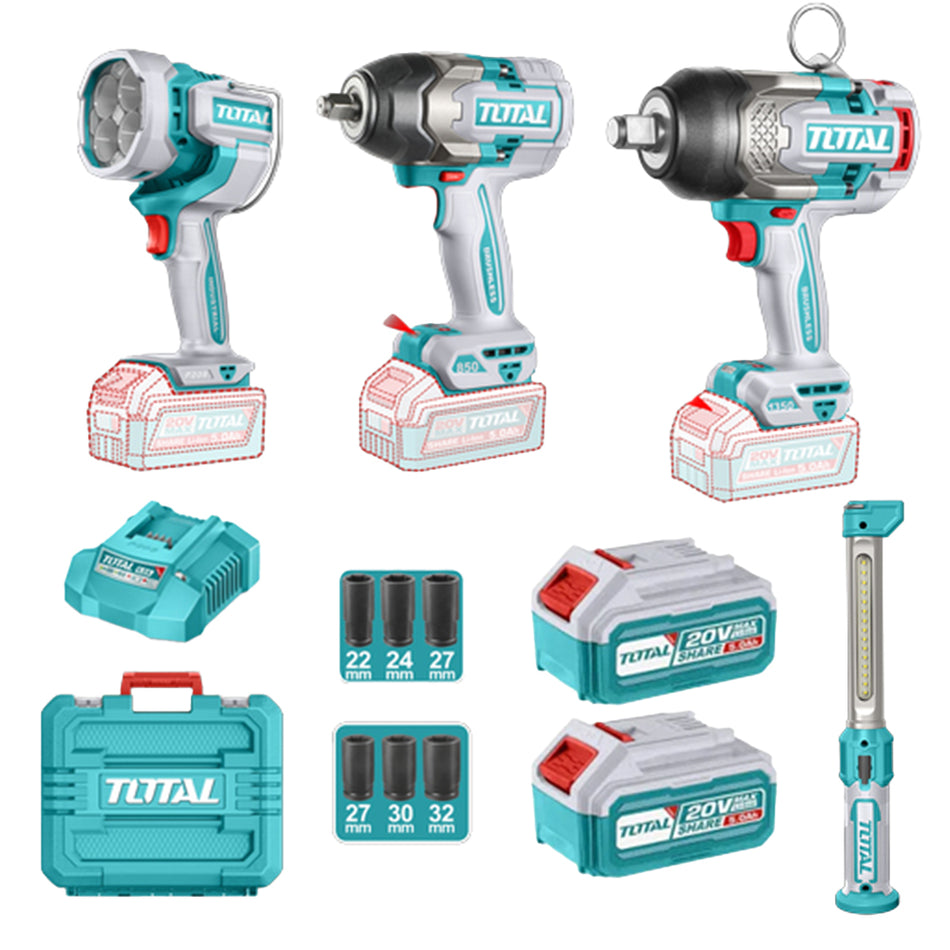 COMBO INALÁMBRICO SUPER TOTAL 20V 2 PISTOLAS DE IMPACTO + 2 BATERÍAS 5.0AH (UTOSLI250782)