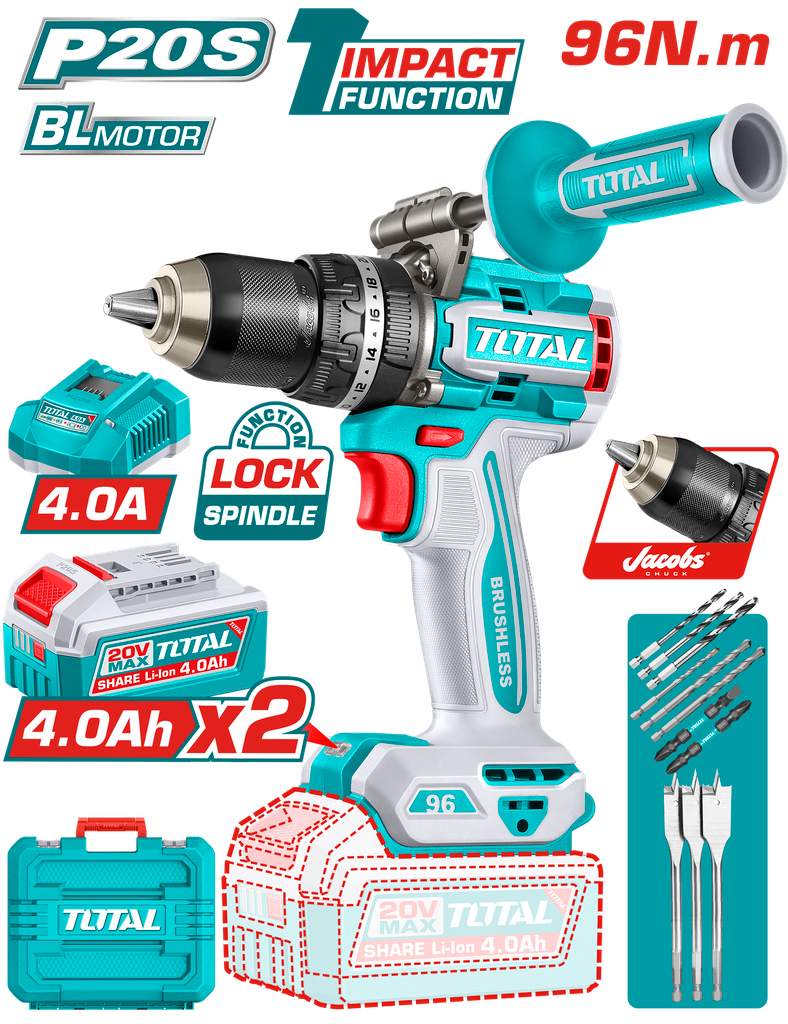 TALADRO PERCUTOR 1/2 20V 96 N.M INCLUYE 2 BATERIA DE 4.0AH, CARGADOR (UTIDLI209686)