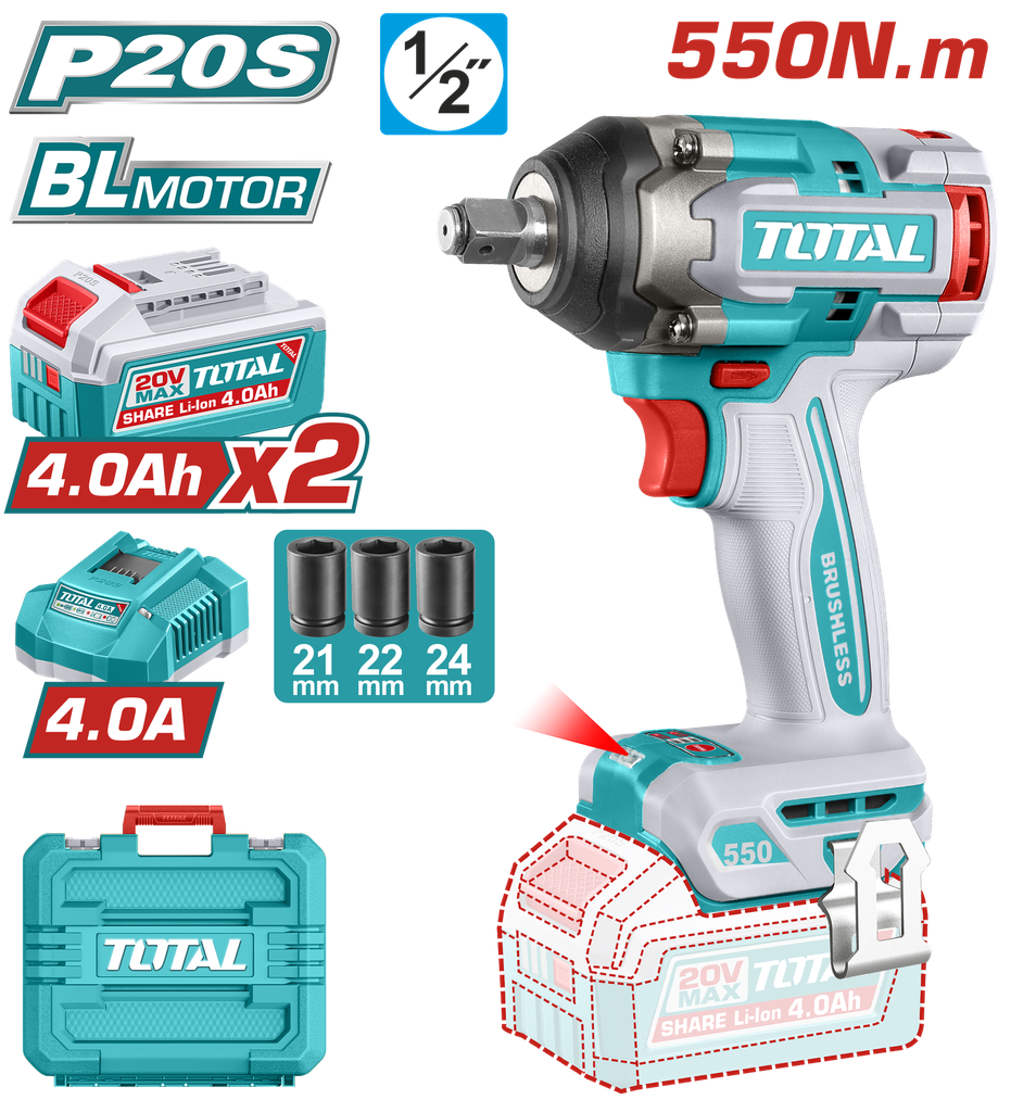 PISTOLA IMPACTO 1/2" 20V 550NM CAJA PLASTICA INCLUYE 2 BATERIA 4.0AH , 1 CARGADOR Y ACCESORIOS (UTIWLI2055)