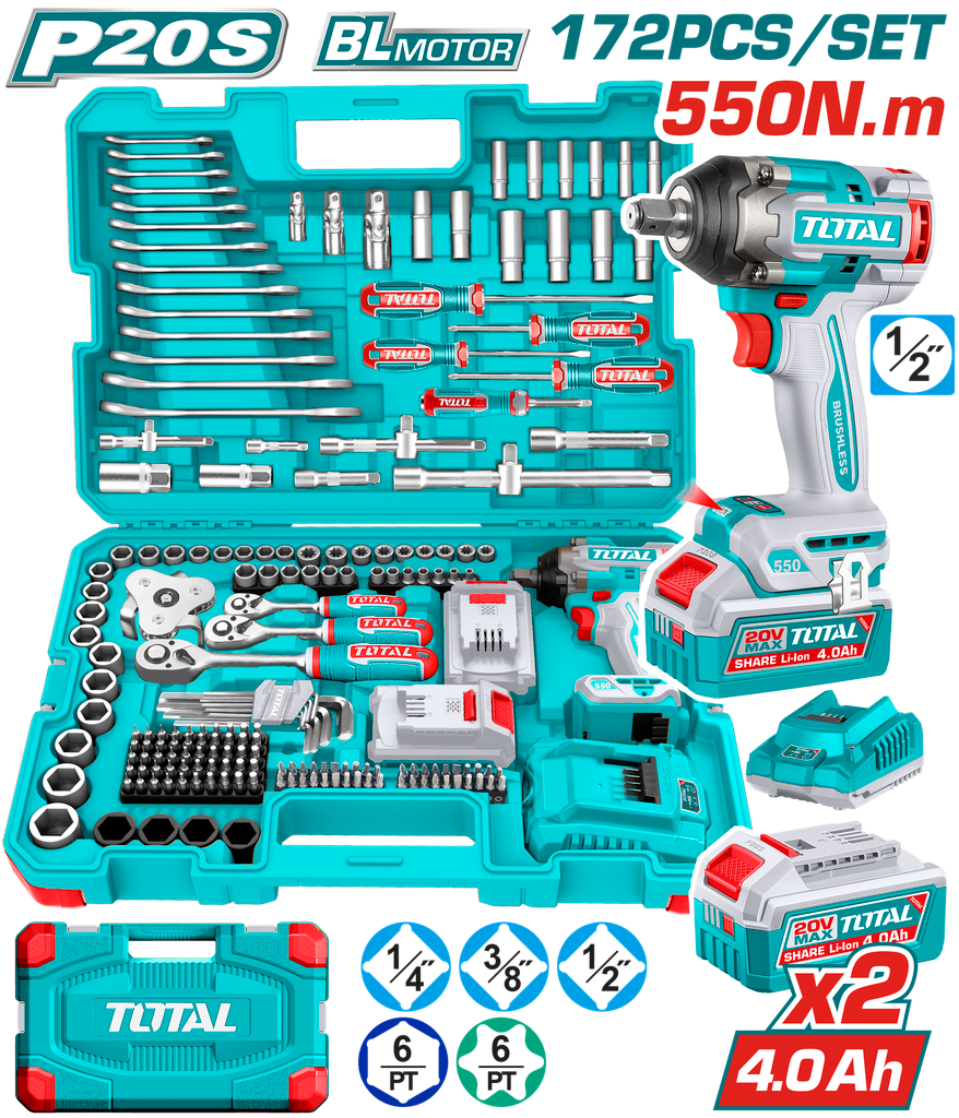 PISTOLA IMPACTO INALAMBRICA 1/2 20V 550 NM INCLUYE 2 BATERIAS 1 CARGADOR + 172 ACCESORIOS (UTHKTHP41728)