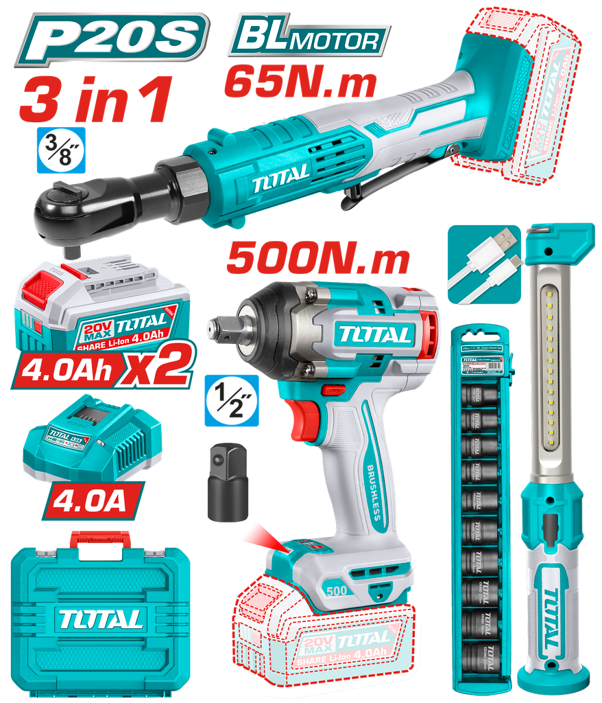 COMBO INALÁMBRICO 20V IMPACTO 1/2 500NM + RACHET 65NM + LÁMPARA + 2 BATERÍAS 4.0AH TOTAL ( UTOSLI250981)