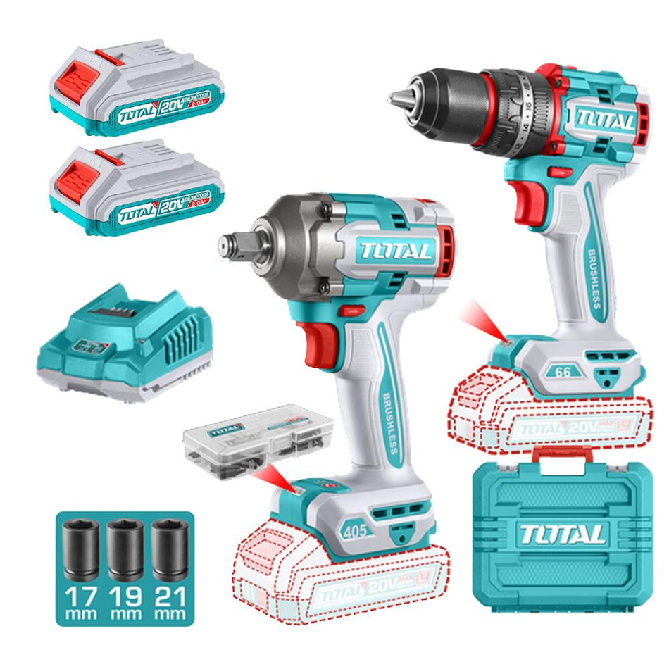 COMBO INALAMBRICO TALADRO 1/2" 66 NM + PISTOLA IMPACTO 1/2" 20V 405 N.M INCLUYE 2 BATERIAS 2.0AH , 1 CARGADOR Y ACCESORIOS SUPER TOTAL (UTCKLI20286)