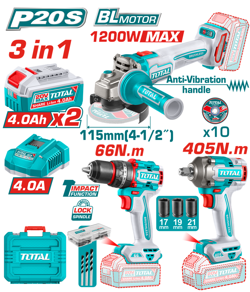 COMBO 20V PISTOLA IMPACTO 1/2" 405NM + TALADRO DE IMPACTO 1/2" 66NM + PULIDORA 4 1/2" 1200W + 2 BAT 4.0AH + CARGADOR (UTCKLI20358)