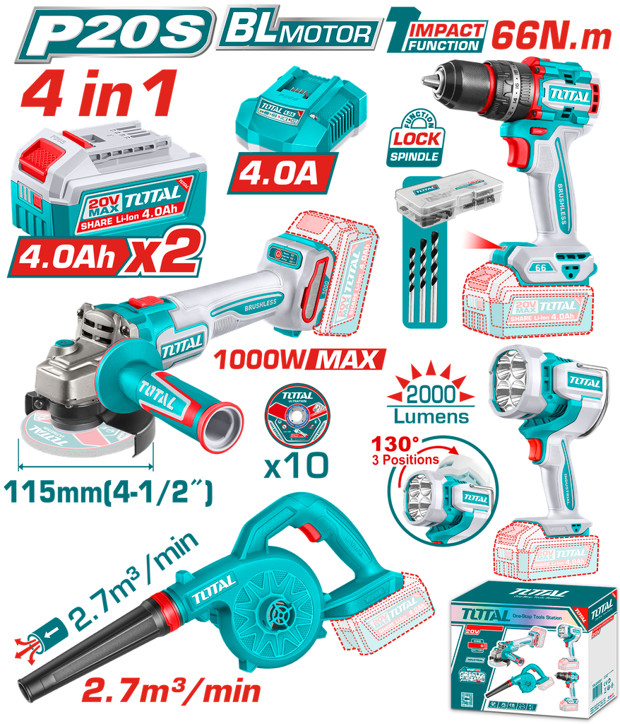 COMBO SUPER TOTAL 20V TALADRO + SOPLADORA + PULIDORA + LÁMPARA (UTOSLI250993)