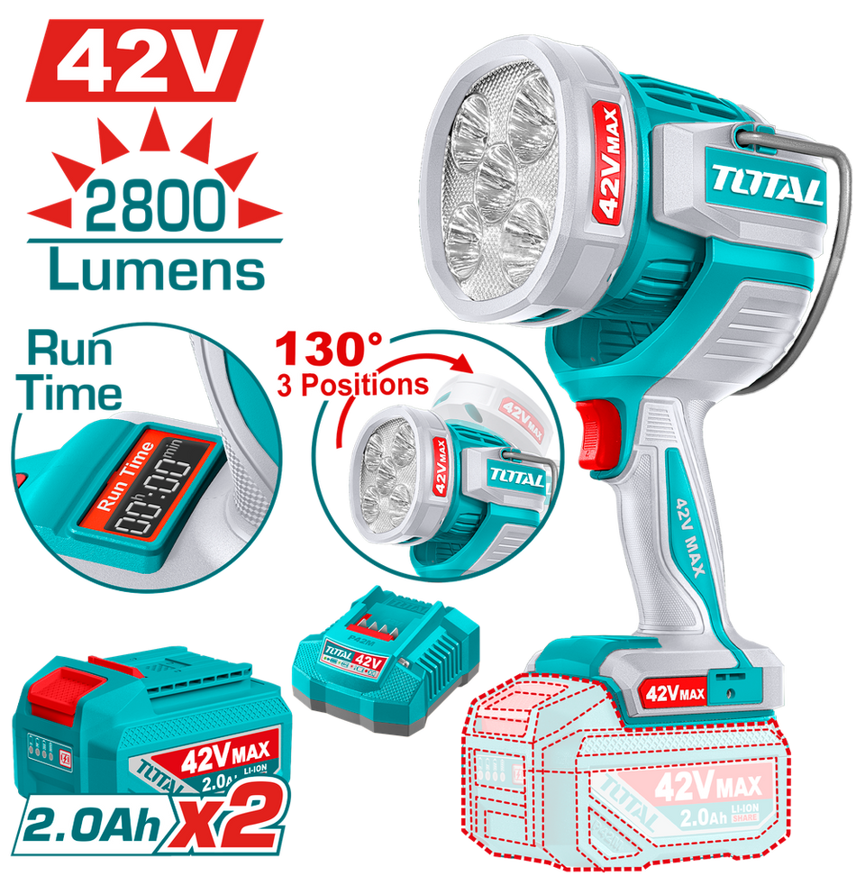 LAMPARA DE TRABAJO 42V 2800 LUMENES INCLUYE BATERIAS 2.0AH Y CARGADOR INDUSTRIAL (UTWLI42896)
