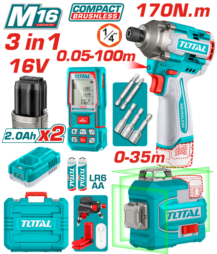 COMBO INALÁMBRICO 16V ATORNILLADOR IMPACTO 170NM + NIVEL LÁSER + METRO LÁSER + 2 BATERÍAS ( UTOSLI250886)