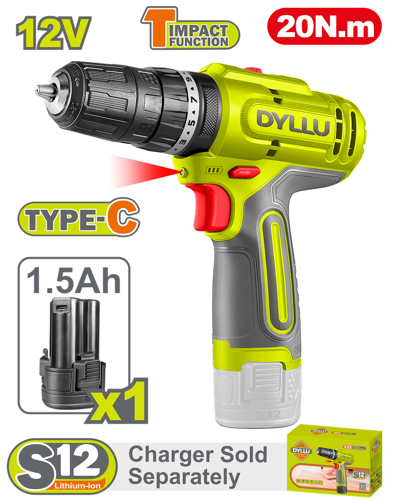 TALADRO INALAMBRICO PERCUTOR 3/8" 12V 20NM INCLUYE 1 BATERIA 1.5 AH DYLLU (DTCDS5681)