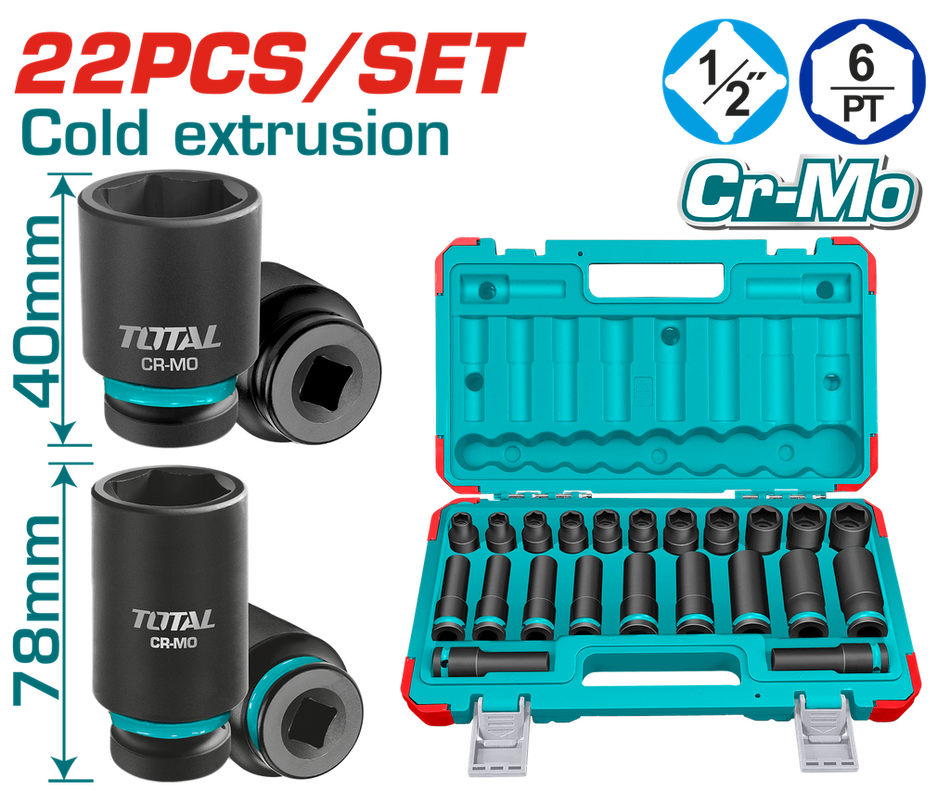 COPAS DE IMPACTO 1/2 INDUSTRIAL LARGO 40 MM JUEGO X 22PZS 10 - 24 MM TOTAL (THKISD12221L)