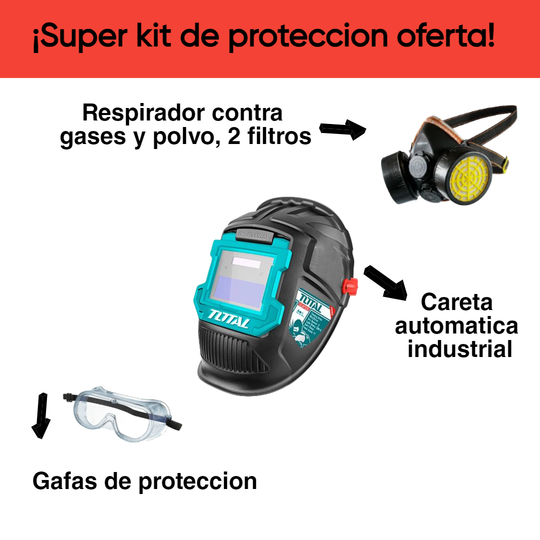 Kit careta automática, respirador de doble filtro, gafas de protección🕥