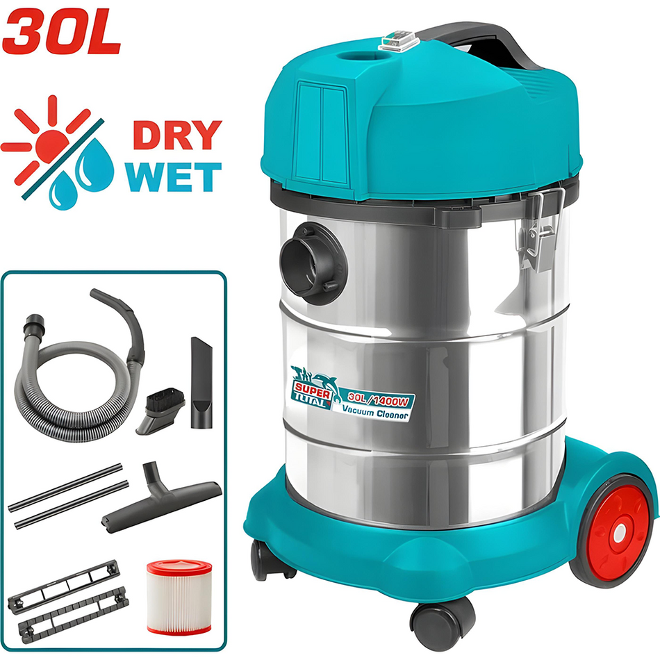ASPIRADORA Y SOPLADORA PARA HUMEDO Y SECO 30L 1400W INCLUYE ACCESORIOS  INDUSTRIAL SUPER TOTAL (UTVC14301)