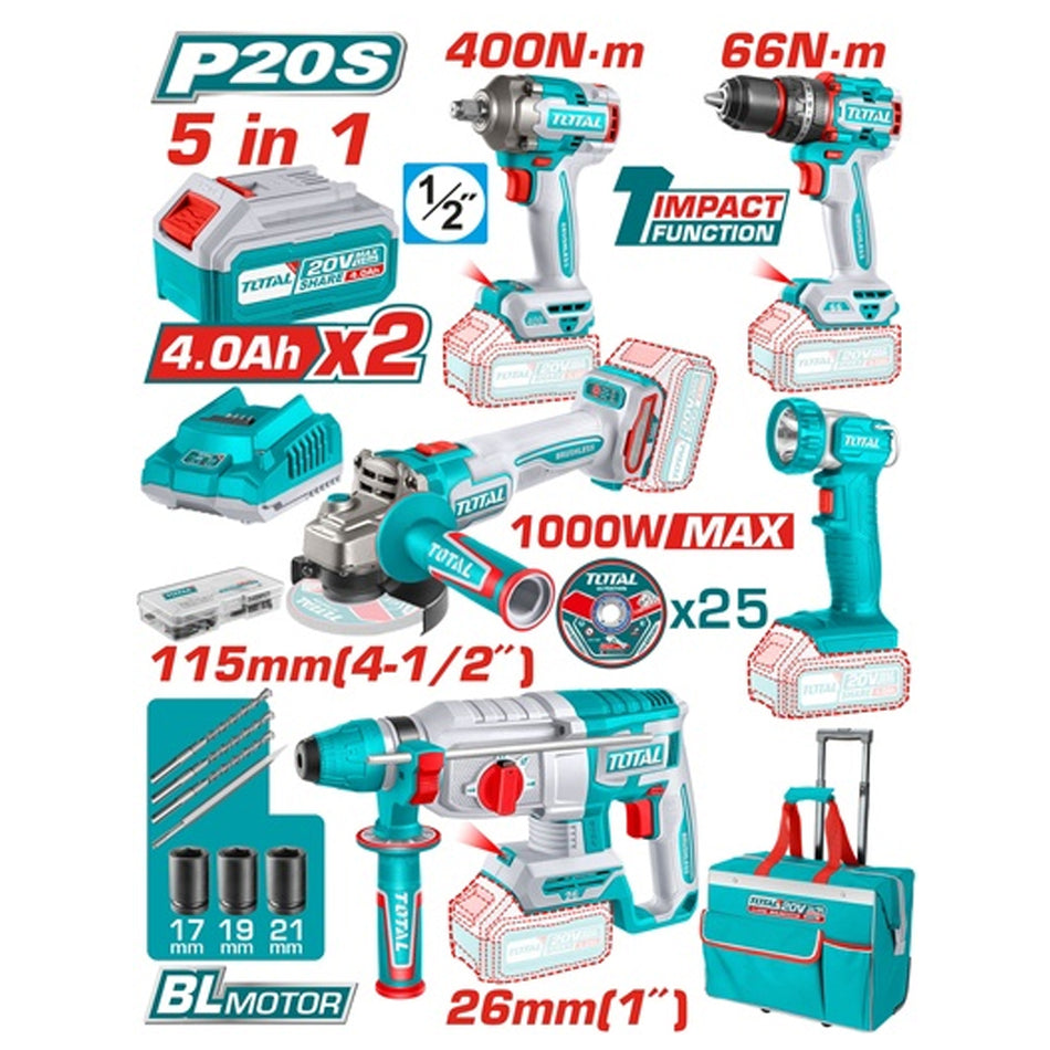 COMBO SUPER TOTAL 20V TALADRO + IMPACTO + ROTOMARTILLO + PULIDORA + LÁMPARA (UTCKLI20592)
