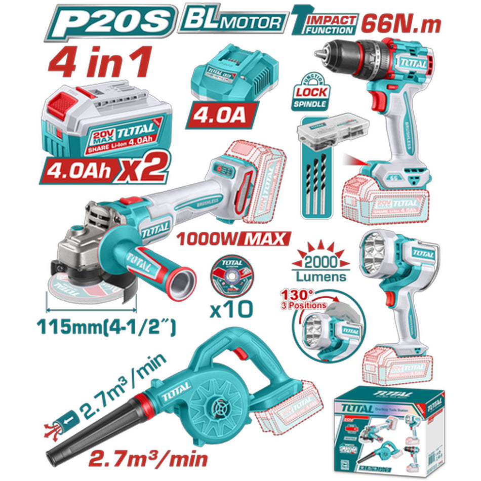 COMBO SUPER TOTAL 20V TALADRO + SOPLADORA + PULIDORA + LÁMPARA (UTOSLI250993)