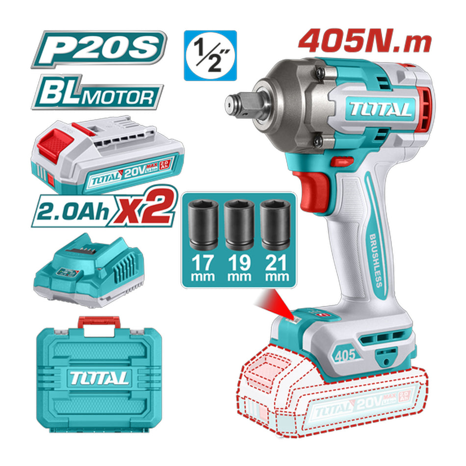 PISTOLA IMPACTO INALAMBRICA 1/2" 20V 405 NM INCLUYE 3 COPAS 17,19,21, 2 BATERIAS 1 CARGADOR(UTIWLI2045)