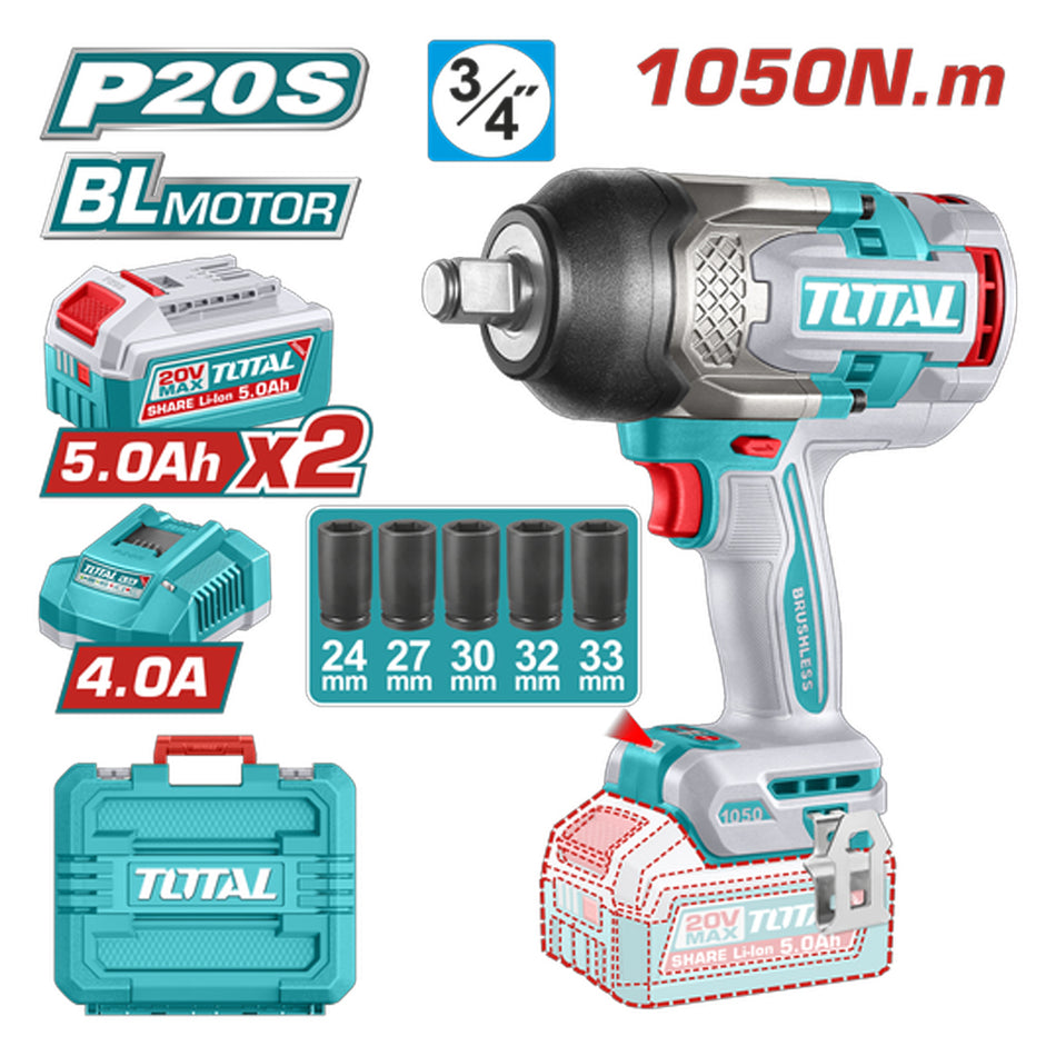 PISTOLA IMPACTO INALAMBRICA 3/4 20V 1050 NM INCLUYE 2 BATERIAS 5.0AH + CARGADOR(UTIWLI20105)
