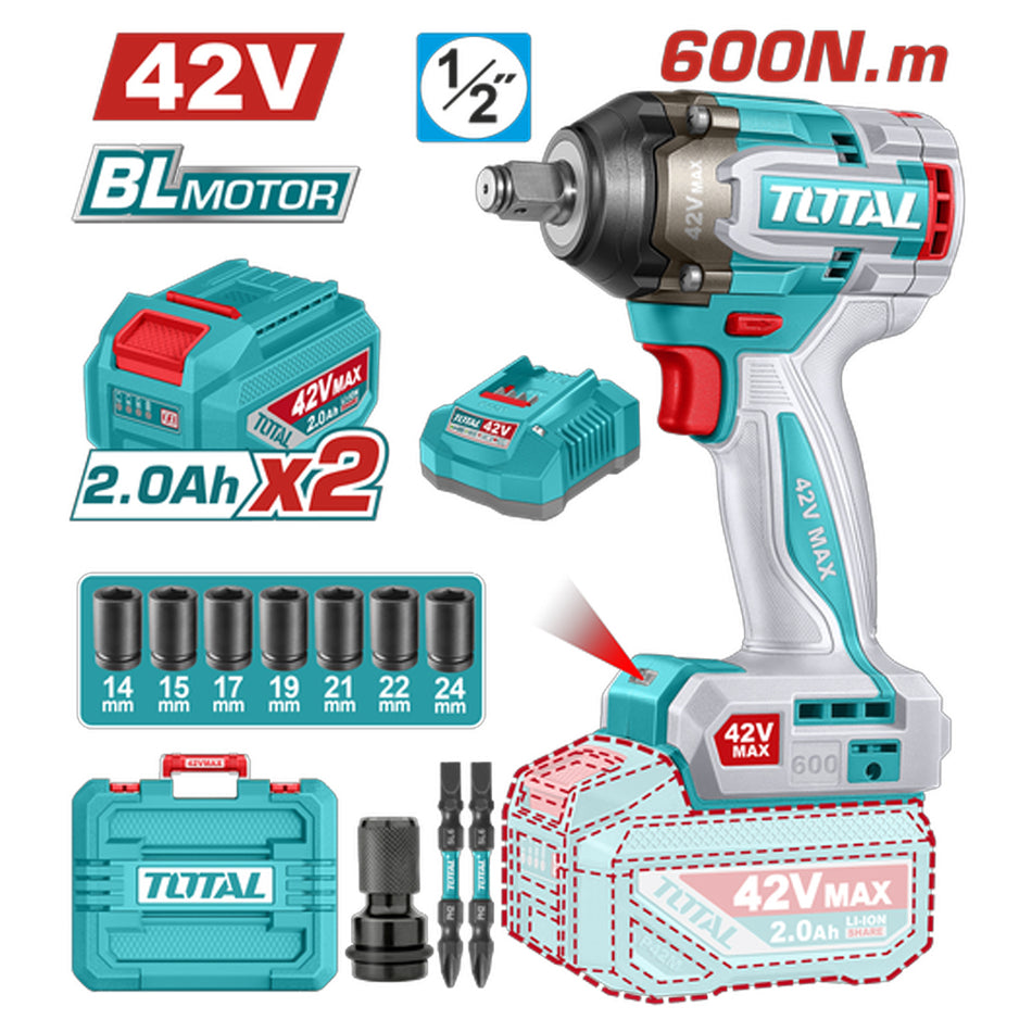 PISTOLA IMPACTO INALAMBRICA 1/2 42V 600 NM INCLUYE 2 BATERIAS 1 CARGADOR COPA(UTIWLI42602)S , PUNTA DESTORNILLADOR Y ADAPTADOR