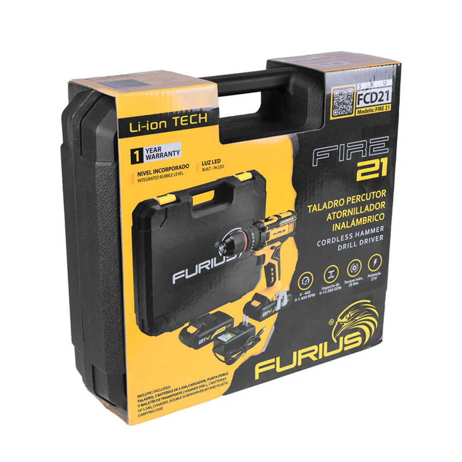 TALADRO FURIUS PERCUTOR DE 1/2 INALAMBRICO ION DE LITIO 21V INLC 2 BATERIAS Y ESTUCHE (FCD21)