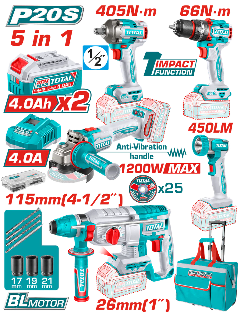 COMBO 20V TALADRO ROTOMARTILLO 1" SDS PLUS 2,5 JULES + PISTOLA IMPACTO INALAMBRICA 1/2" 405NM + TALADRO DE IMPACTO 1/2" 66NM + PULIDORA 4 1/2" 1200W + LINTERNA INALAMBRICA 450 LUMENES + 2 BATERIAS 4.0AH + CARGADOR INCLUYE ACCESORIOS (UTCKLI20595)