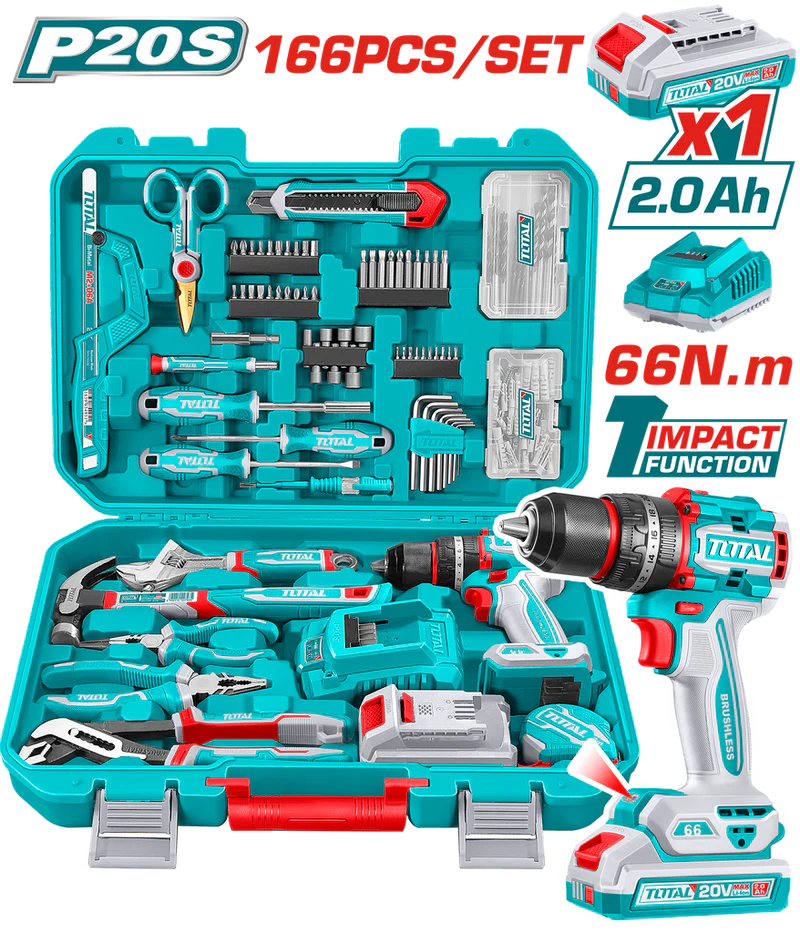 TALADRO PERCUTOR 1/2" 20V 66NM + 1 BATERIA 2.0AH + CARGADOR + 163 HERRAMIENTAS (UTHKTHP41667)
