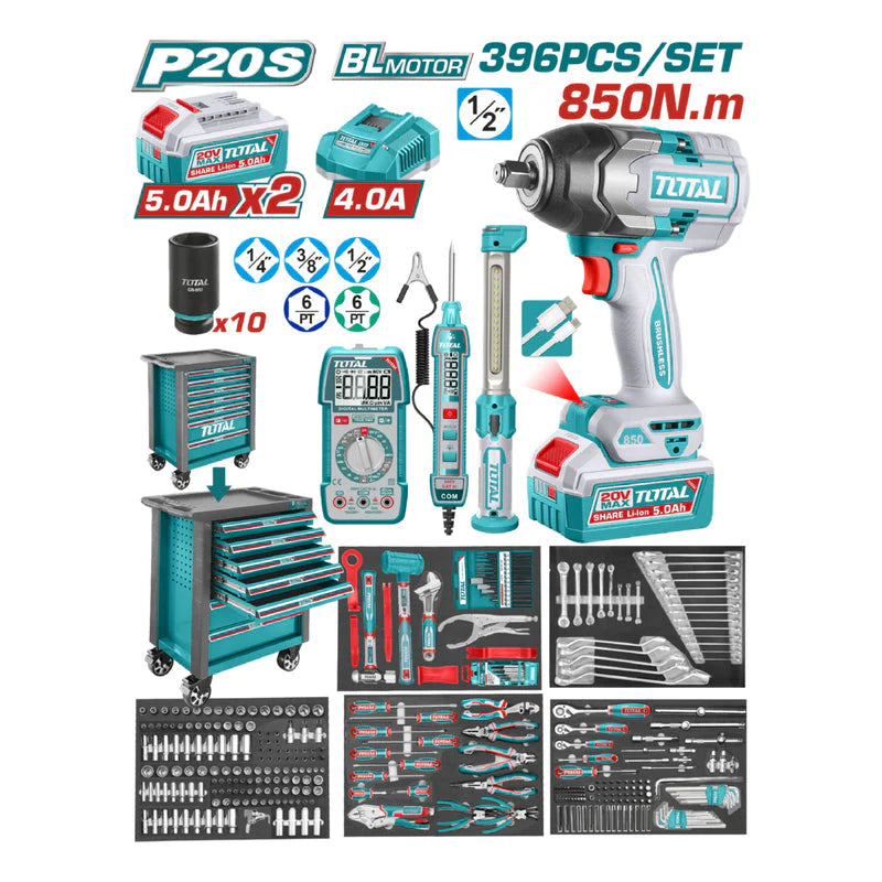 PISTOLA IMPACTO 1/2" 850 NM + 2 BATERIAS 5.0AH + CARGADOR + CAJA DE HERRAMIENTAS CON 400 ACCESORIOS INDUSTRIAL (UTHPTCS83962)